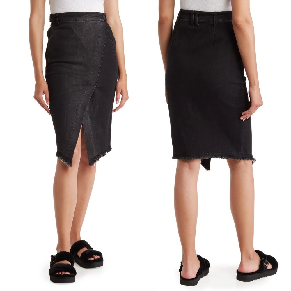Wash Lab Sally Mid Asymmetric Faux Wrap SKIRT Size 25 0 Black Stretch Denim NEW